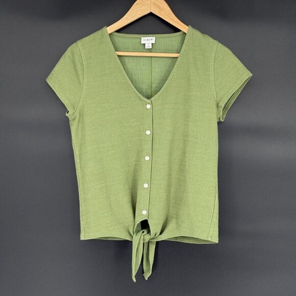 J.Crew Women's Textured Tie Front Top S Green Button Down V-neck Preppy Casual - Picture 1 of 8